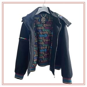 Coogi Black Wool Blend Bomber Jacket Colorful Logo Lining Faux Fur Hood Mens 3X